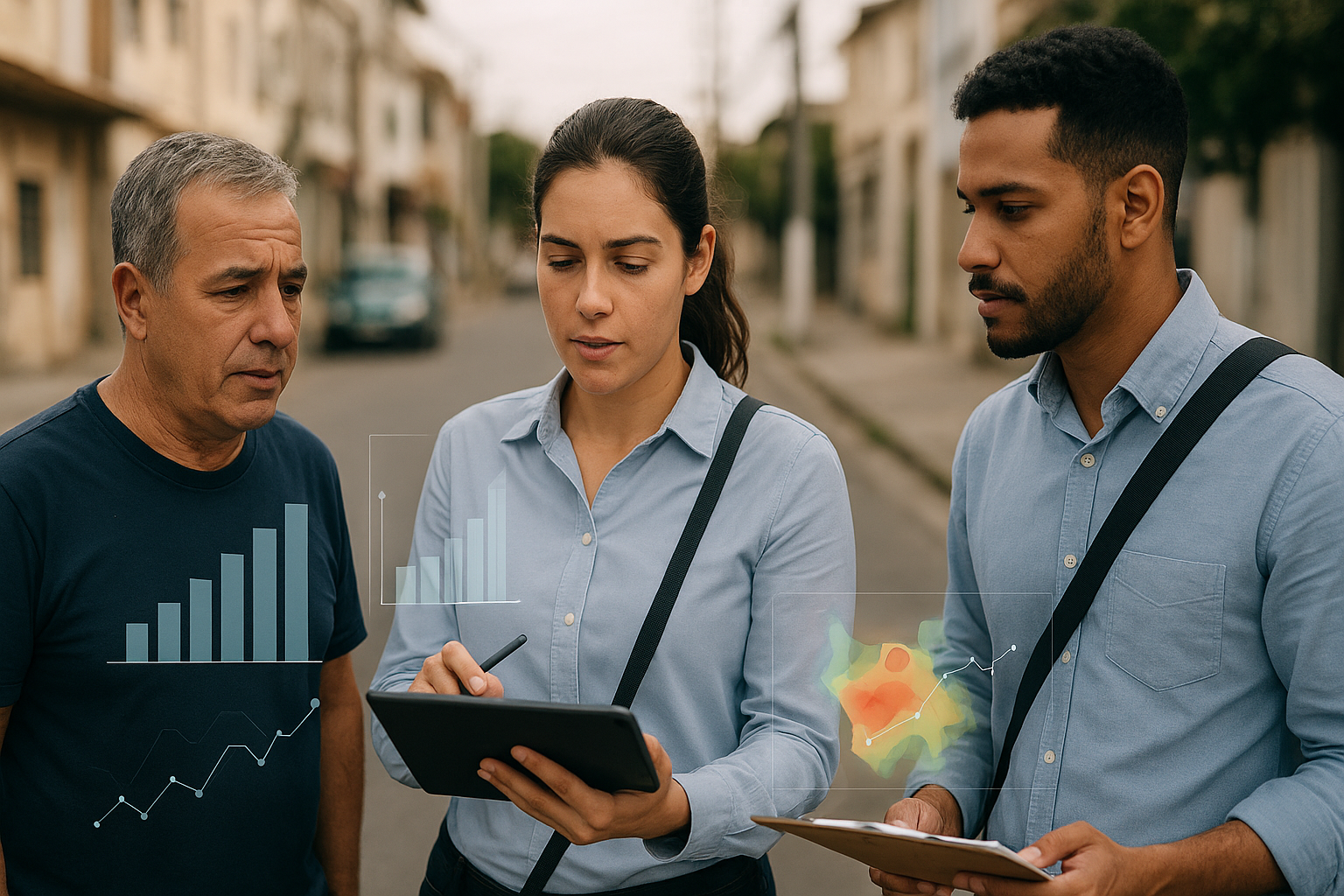 Equipe de pesquisa em campo com tablet, sobreposição de gráficos